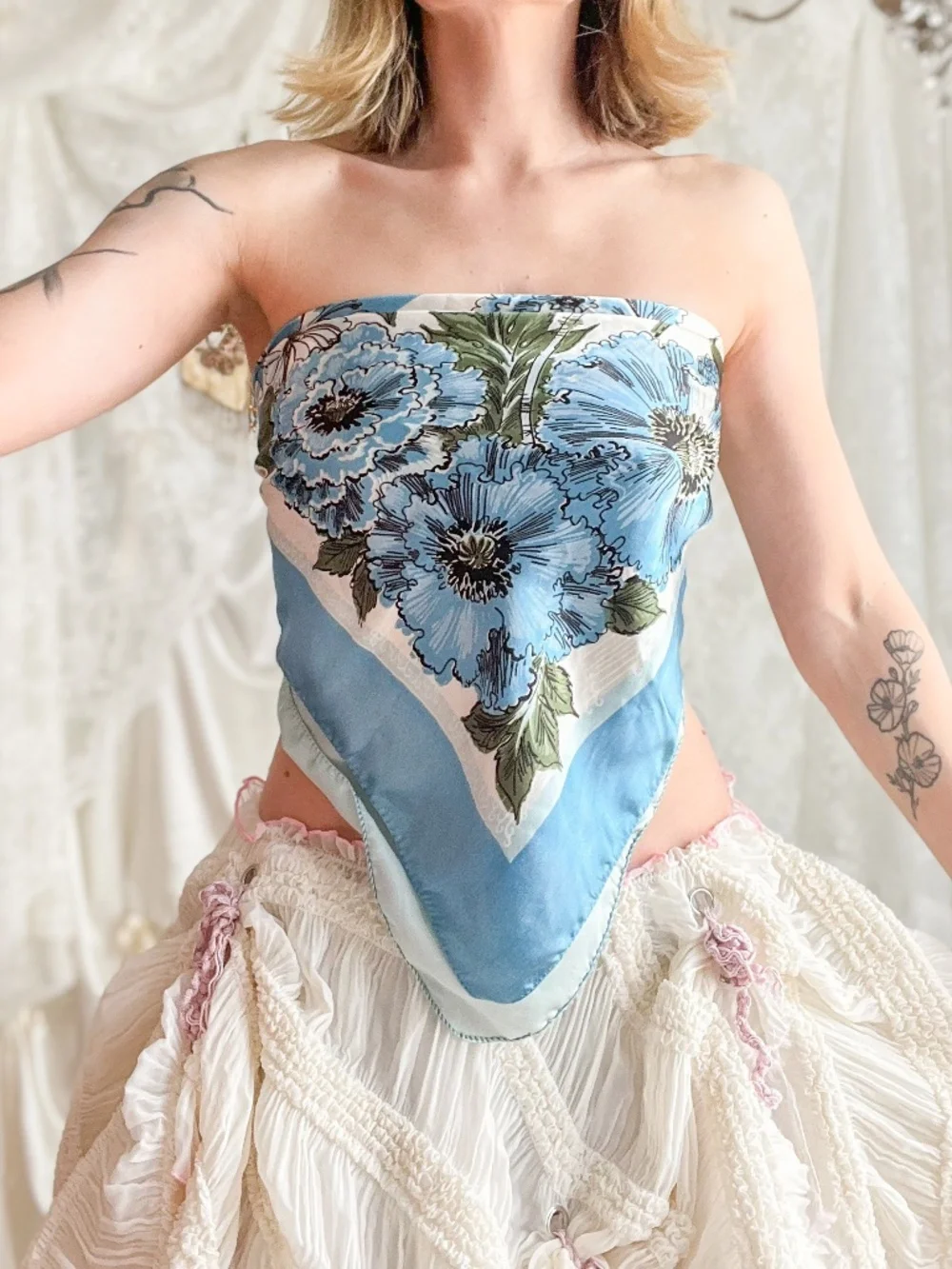Vintage Blue Floral Scarf Large Square Romantic Bandana Top